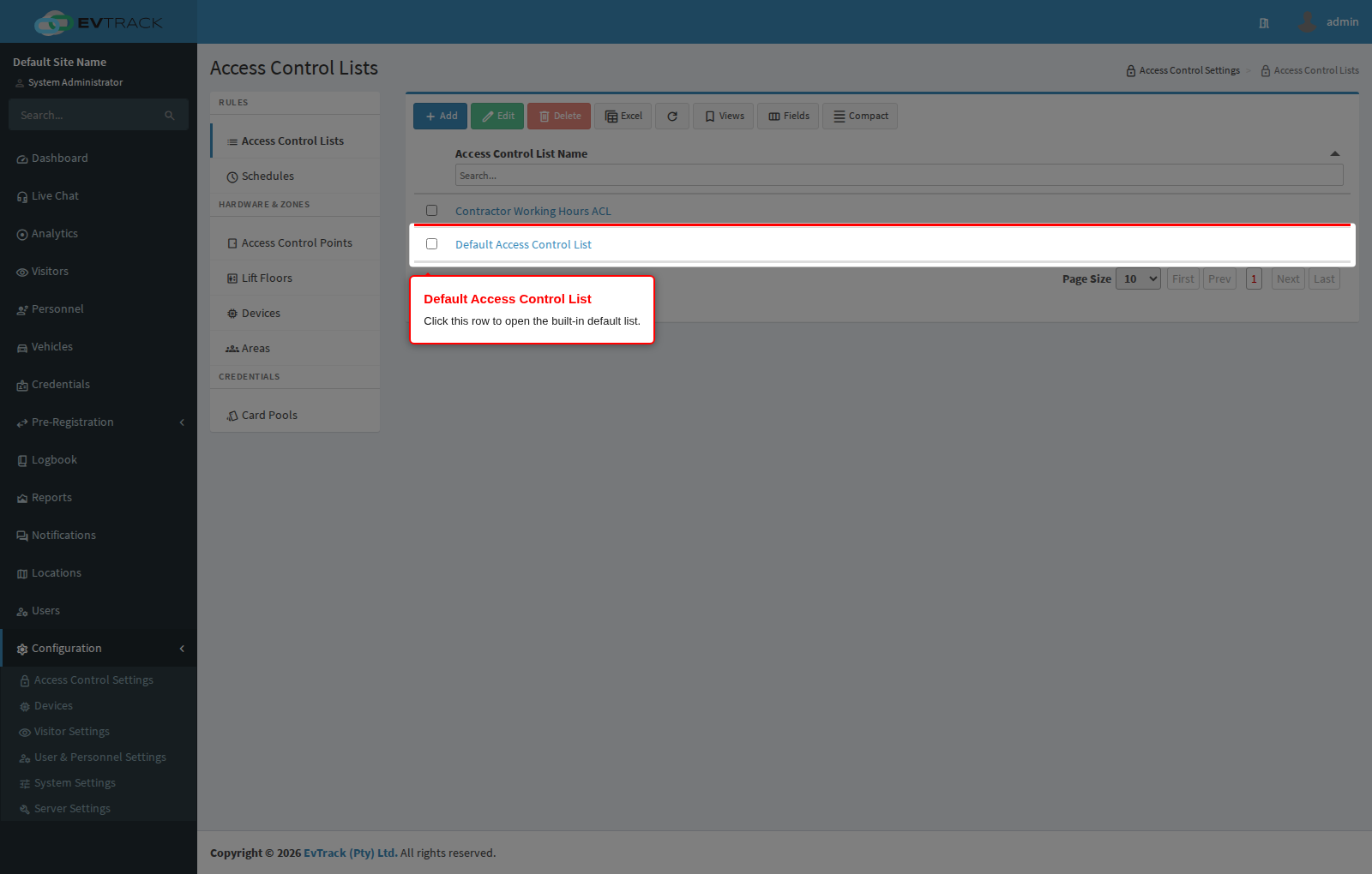 The Default Access Control List row