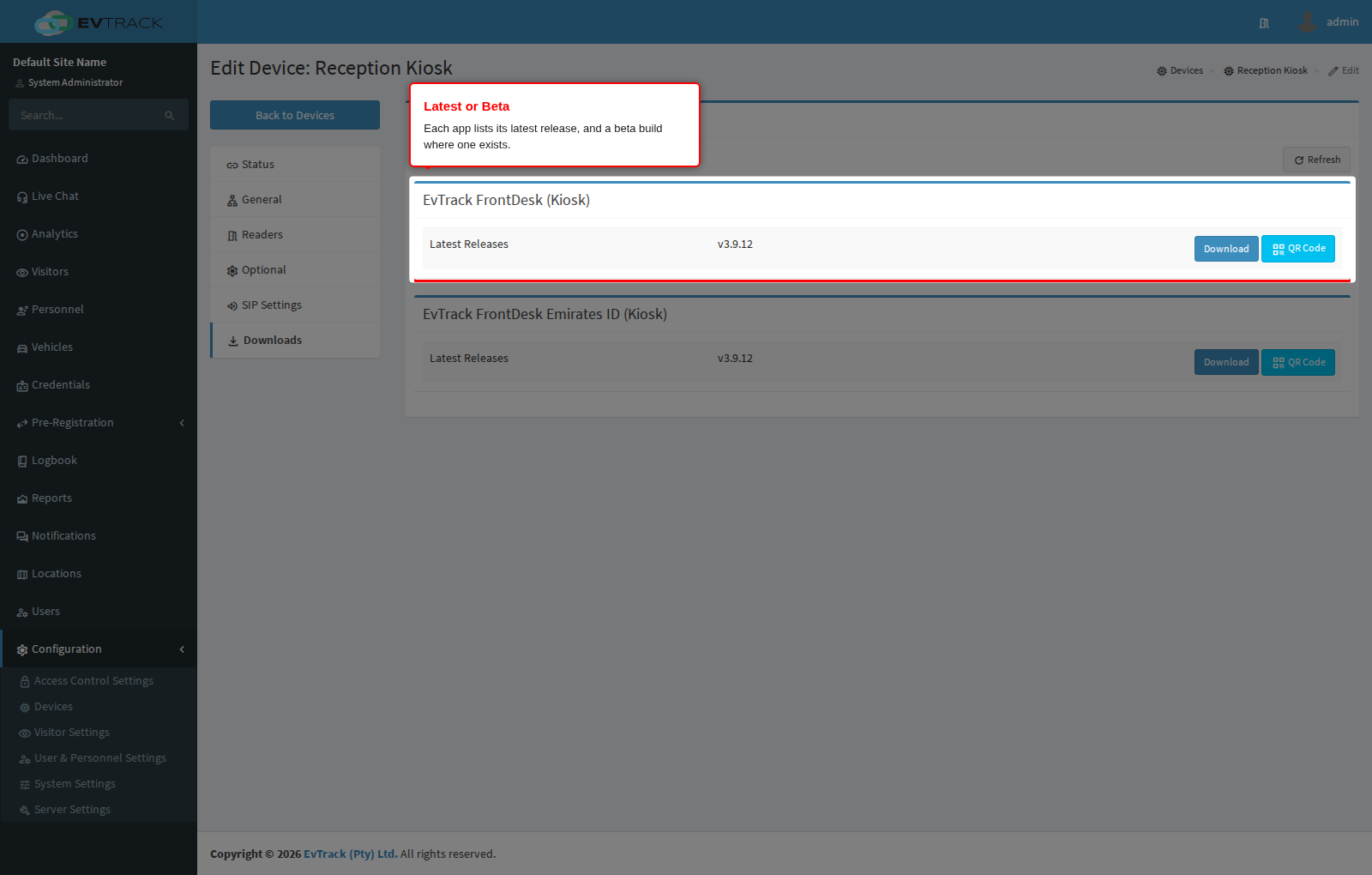Kiosk app packages with their latest and beta releases