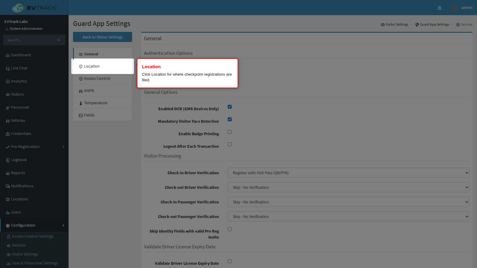 The Location panel in the menu