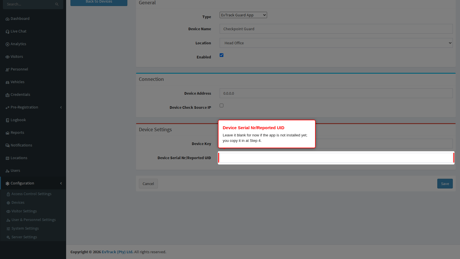 The Device Serial Nr/Reported UID on the Add form