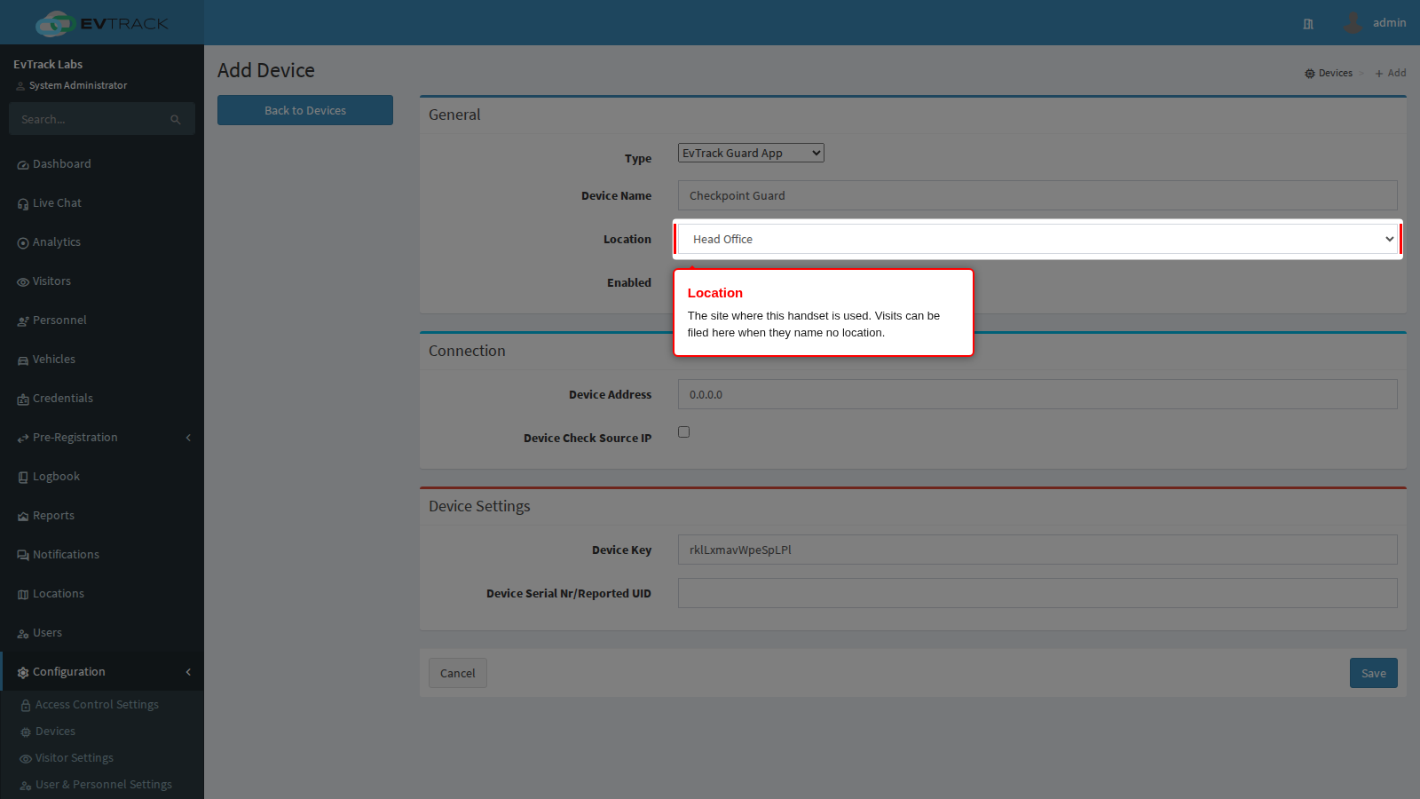 The Location select on the Add form