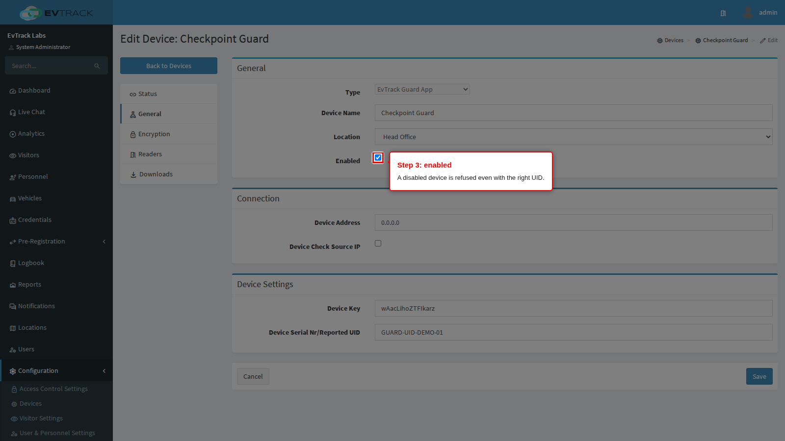 Enabled on the General panel