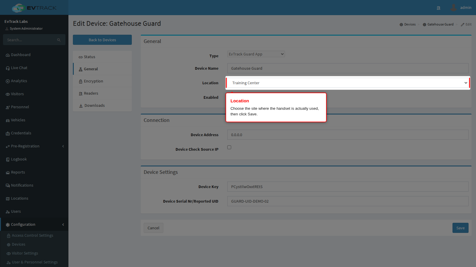 The Location select on the General panel