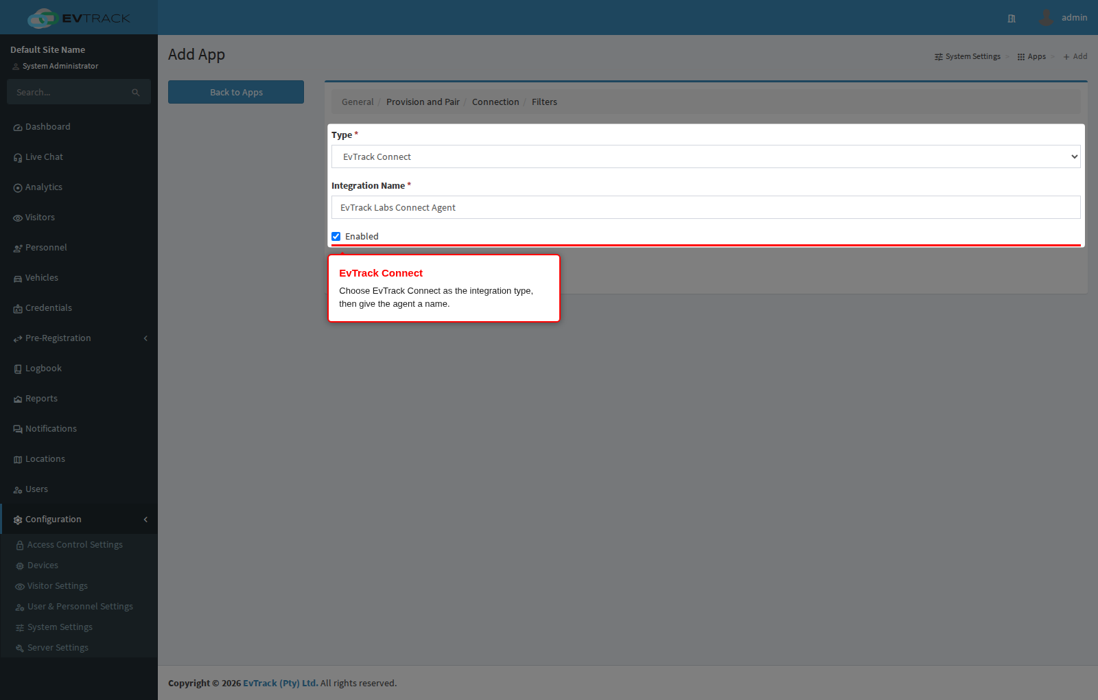 Choose EvTrack Connect as the integration type