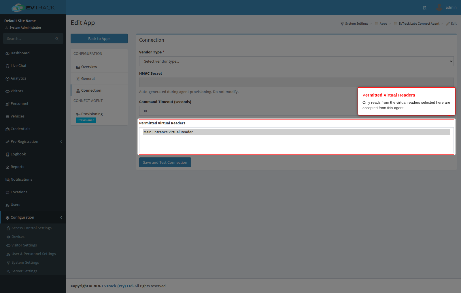 Permitted Virtual Readers on the Connection tab