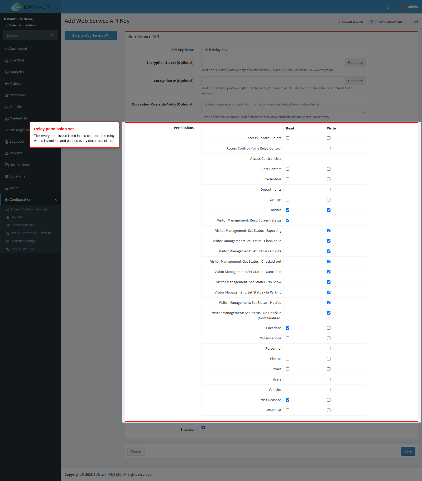 The relay permission set on the remote API key