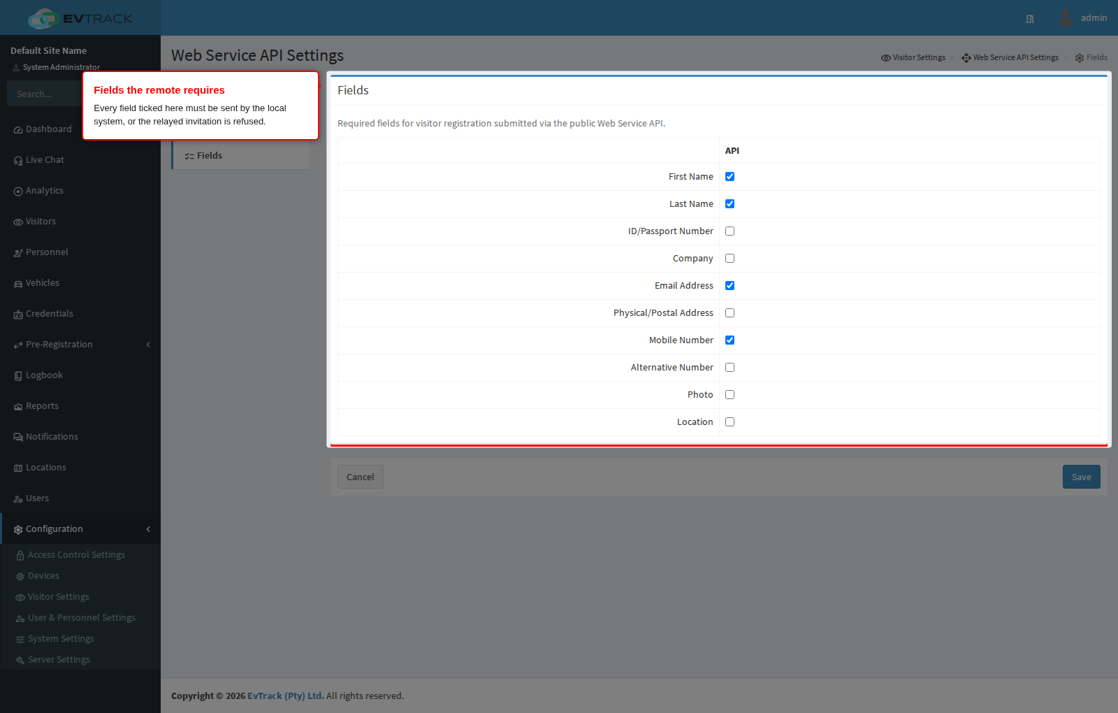 The fields the remote system requires on an API invitation