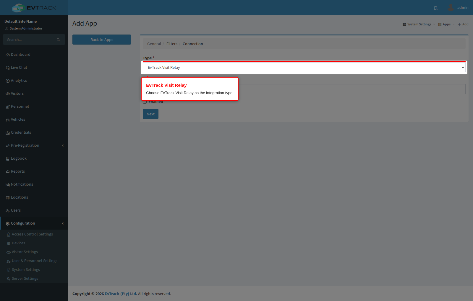 Choose the Visit Relay integration type