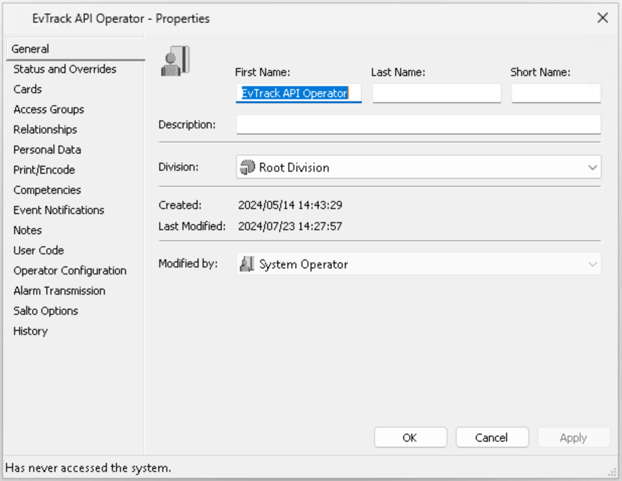 Create the EvTrack API Operator cardholder