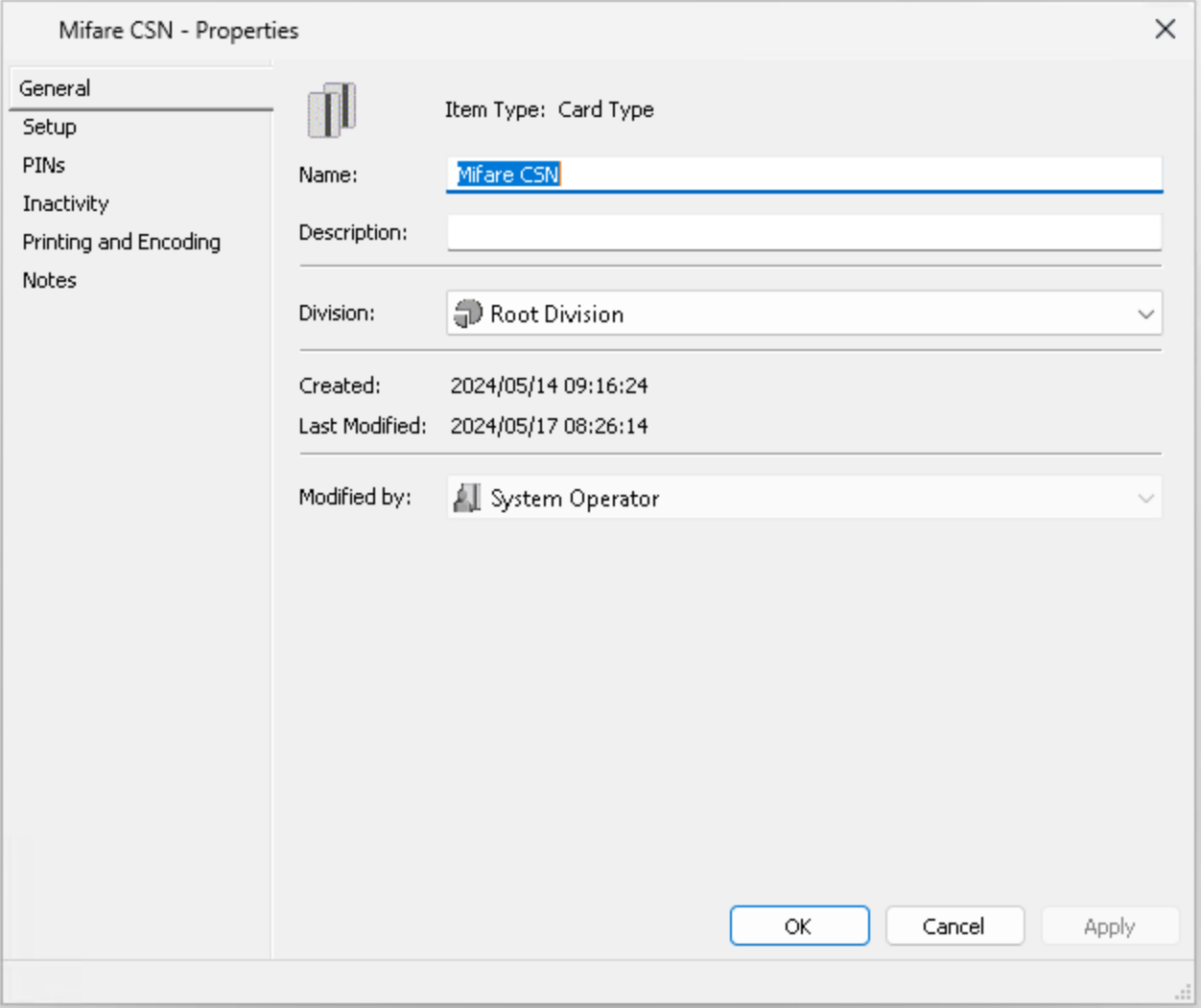 Create the Mifare CSN card type