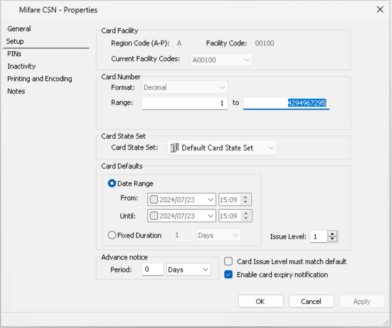 Card type facility code and number range