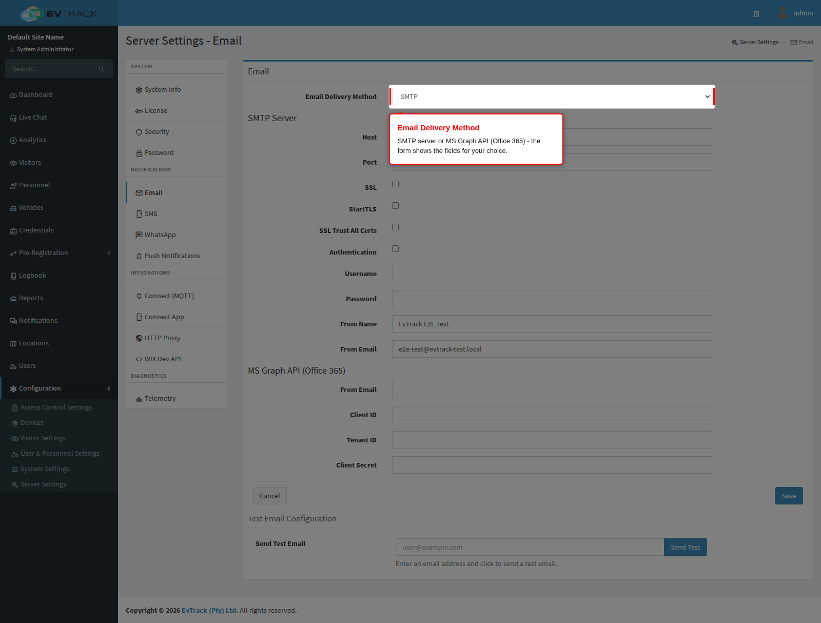The Email Delivery Method selector