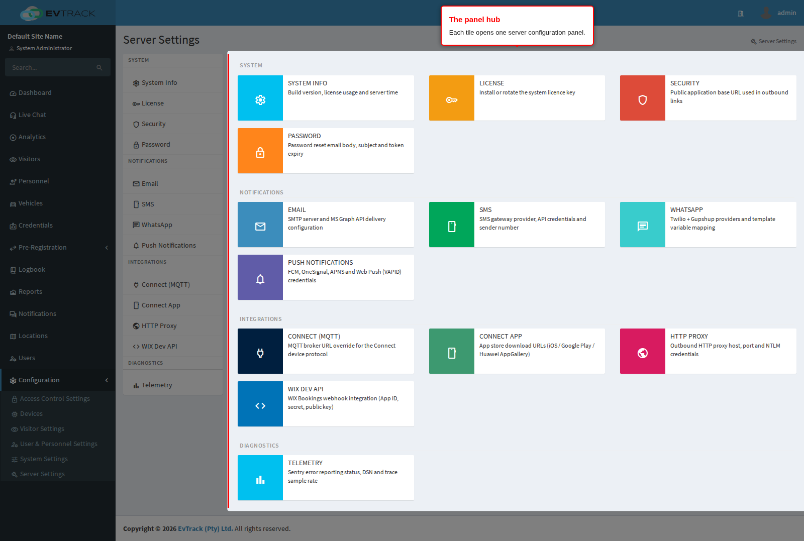 The Server Settings panel hub