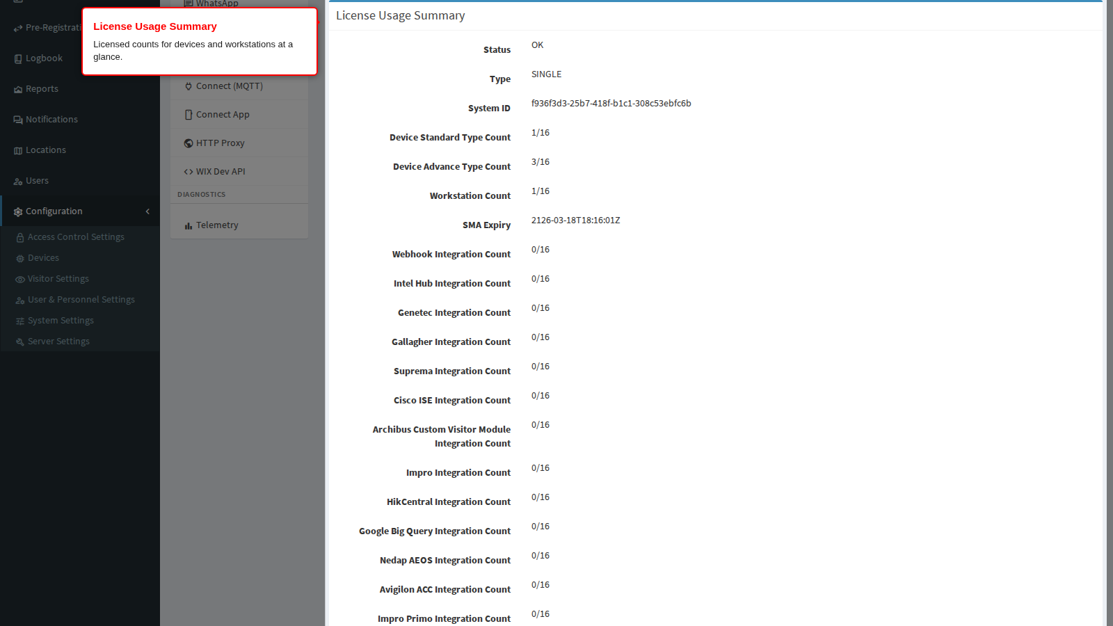 The License Usage Summary panel