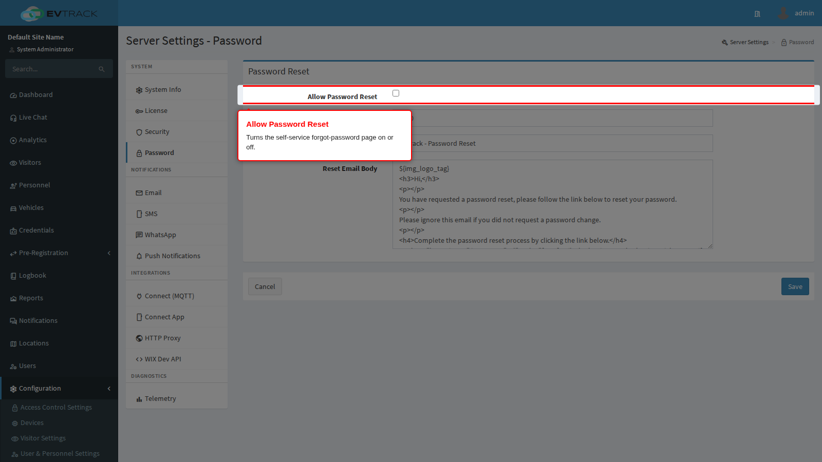 The Allow Password Reset switch