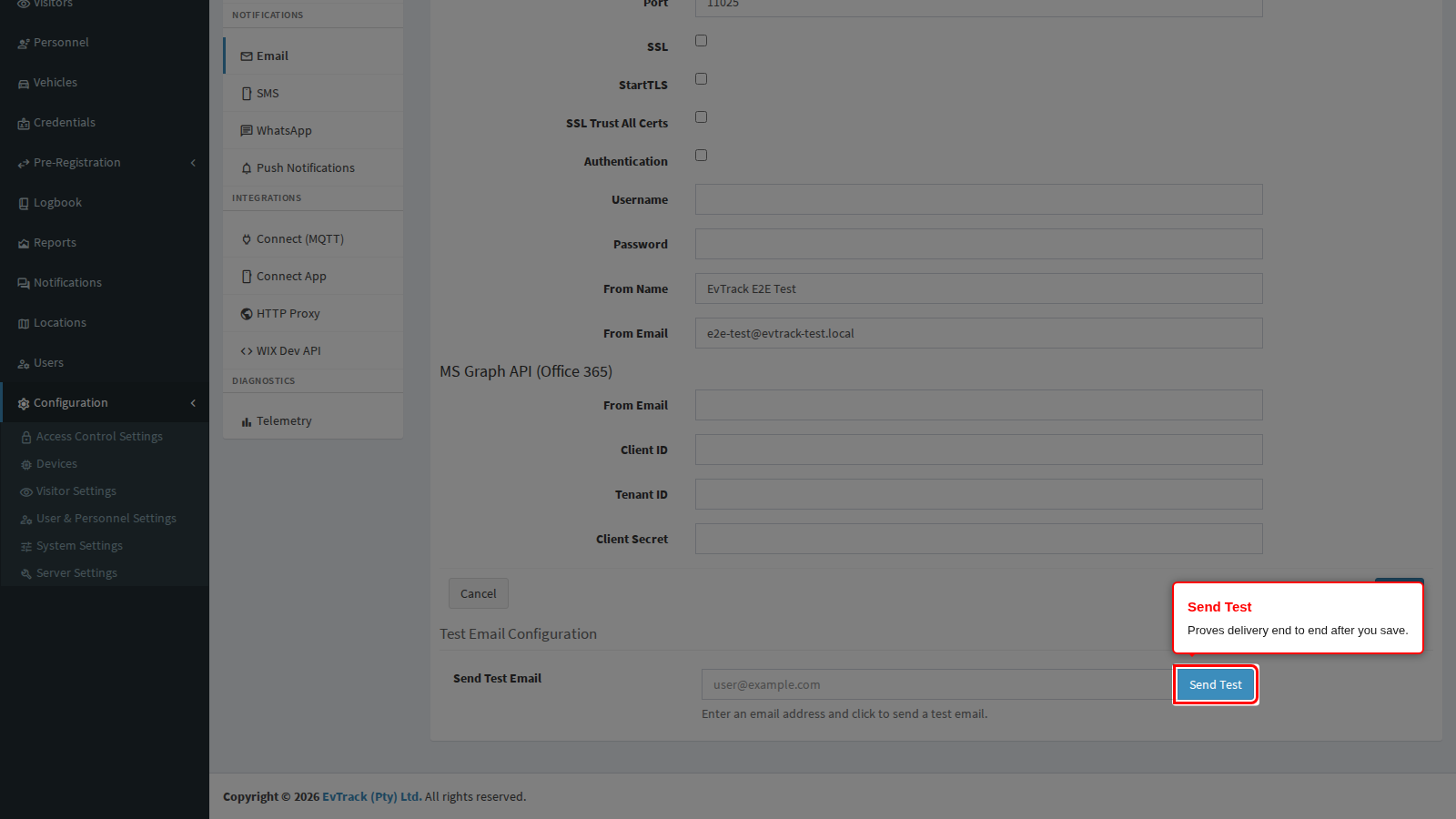 The Send Test control on the Email panel