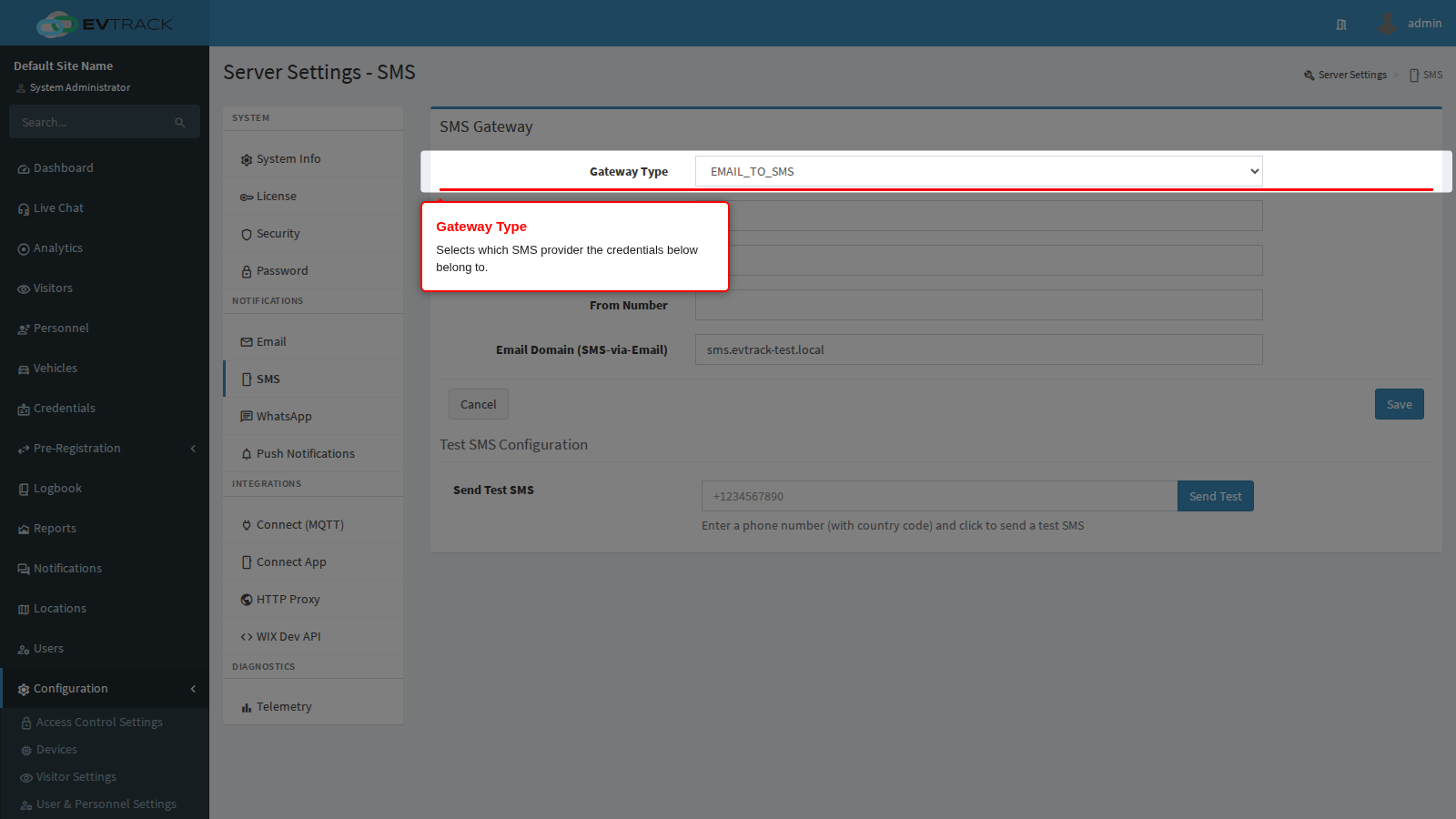 The SMS Gateway Type selector