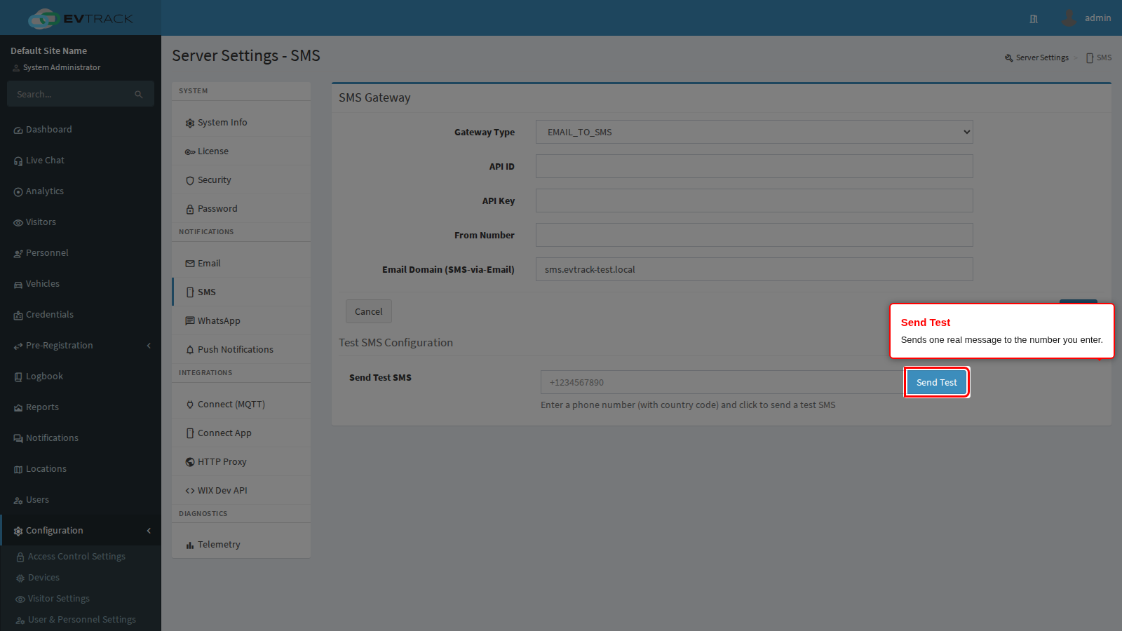 The Send Test control on the SMS panel