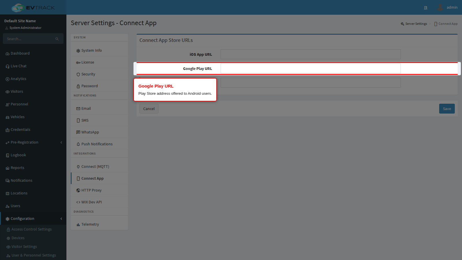The Google Play URL field