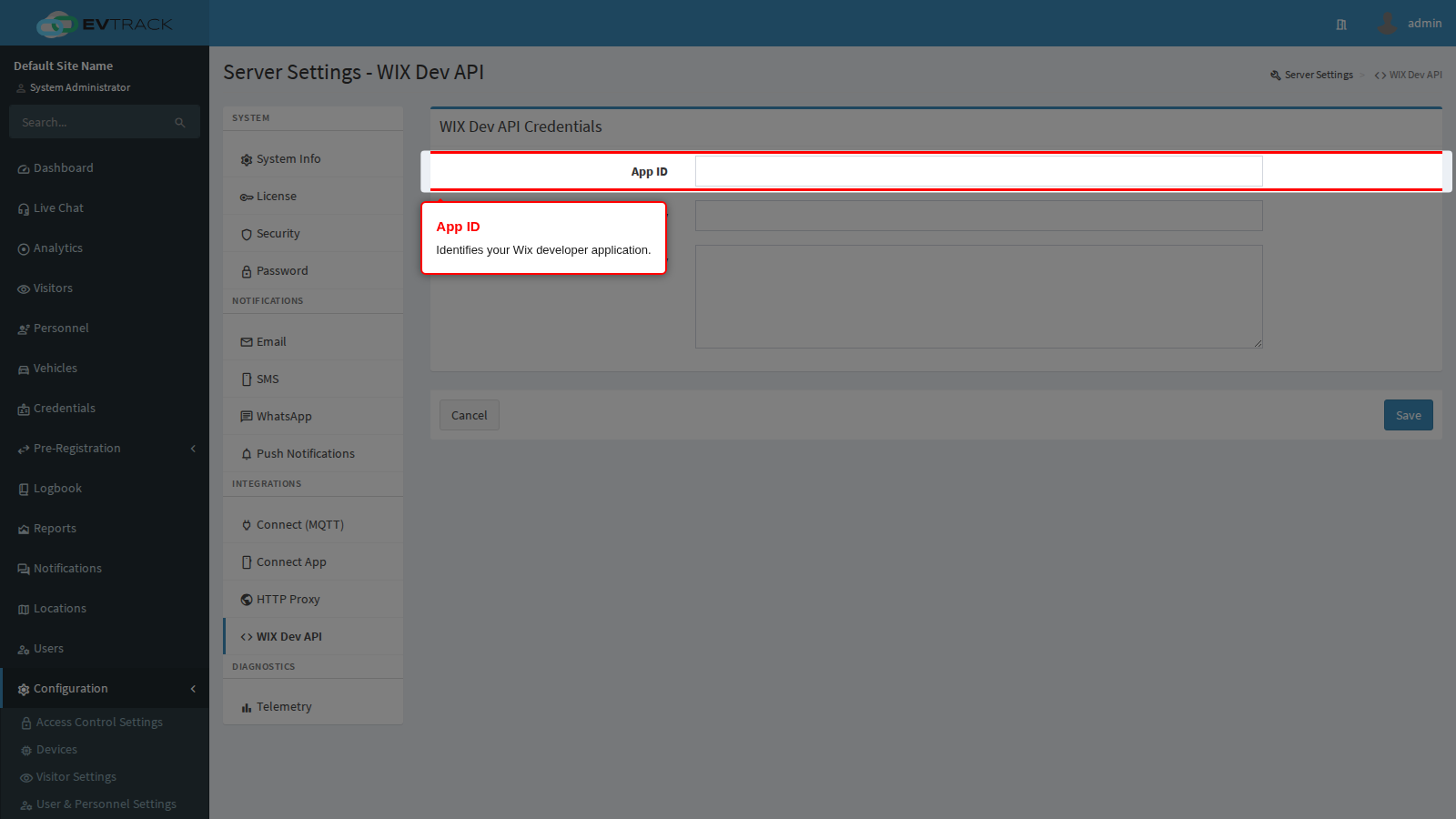 The Wix App ID field