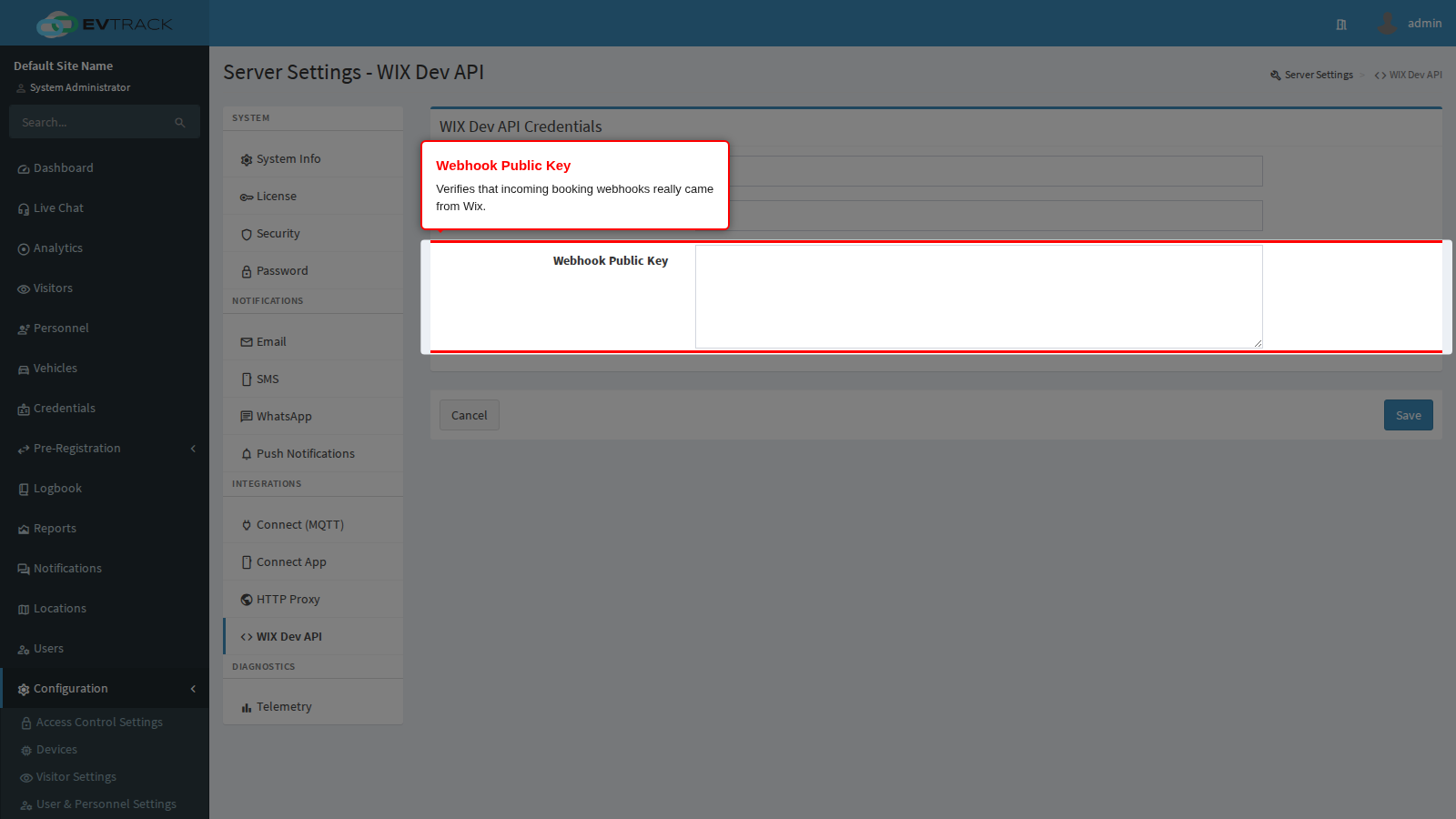 The Wix Webhook Public Key field