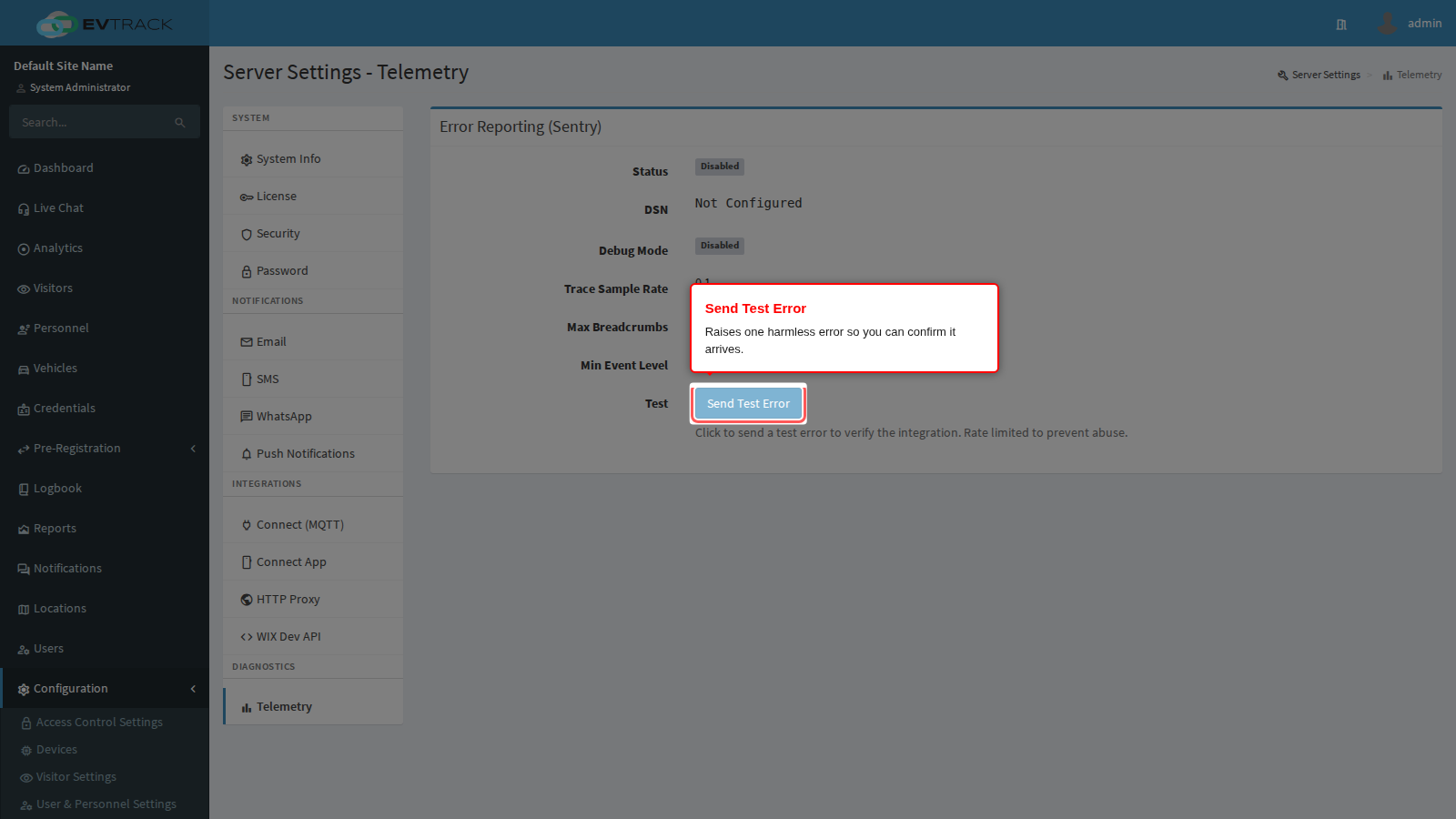 The Send Test Error button