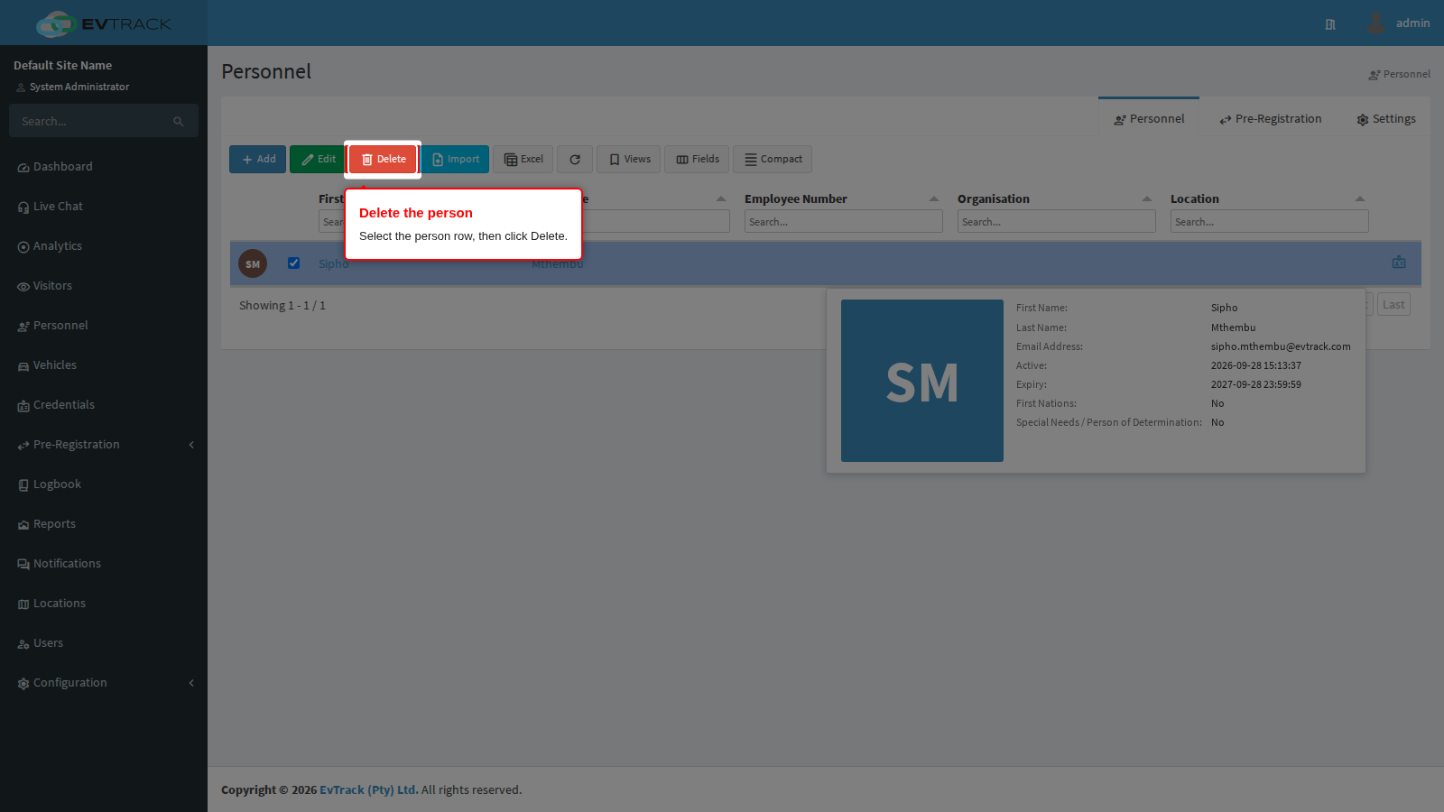 Delete button in the Personnel toolbar