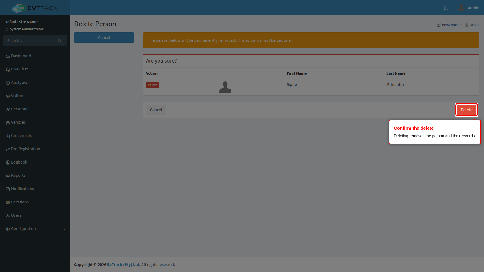 Delete confirmation page