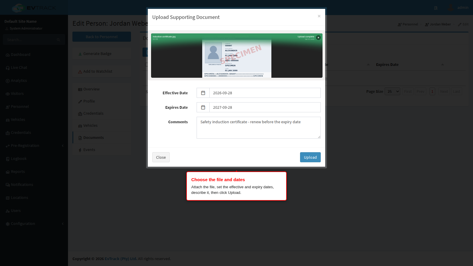 The upload dialog