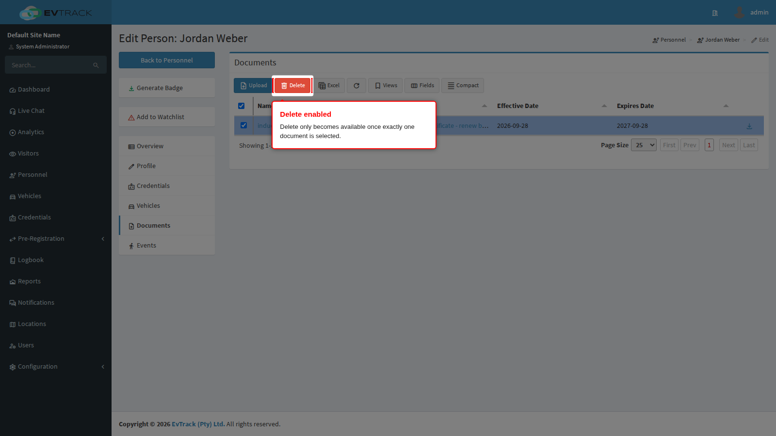 Delete becomes available once a row is selected