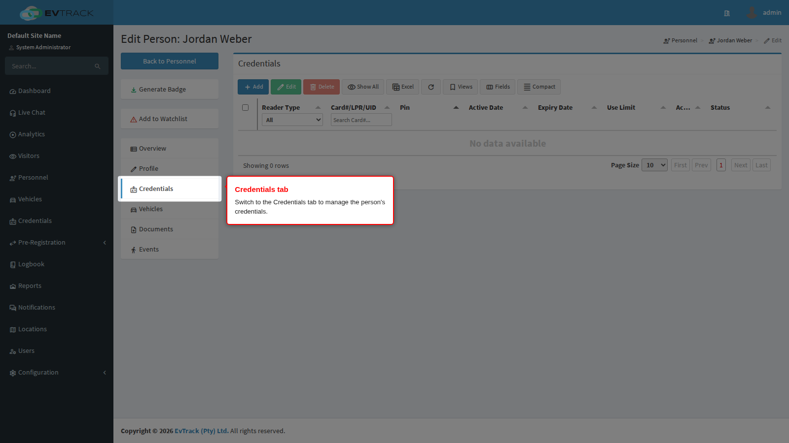 The Credentials tab