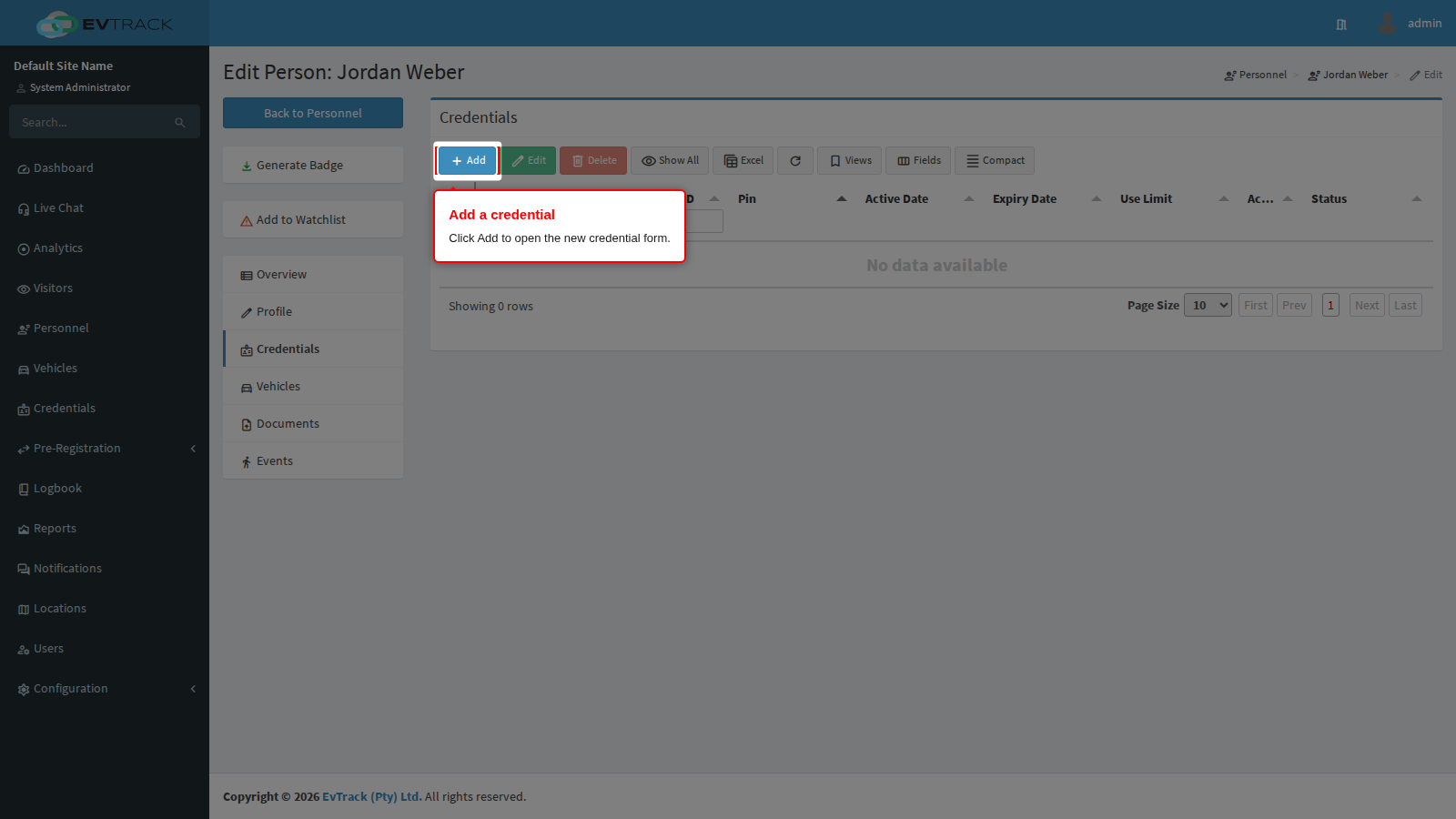 Add button in the credentials toolbar