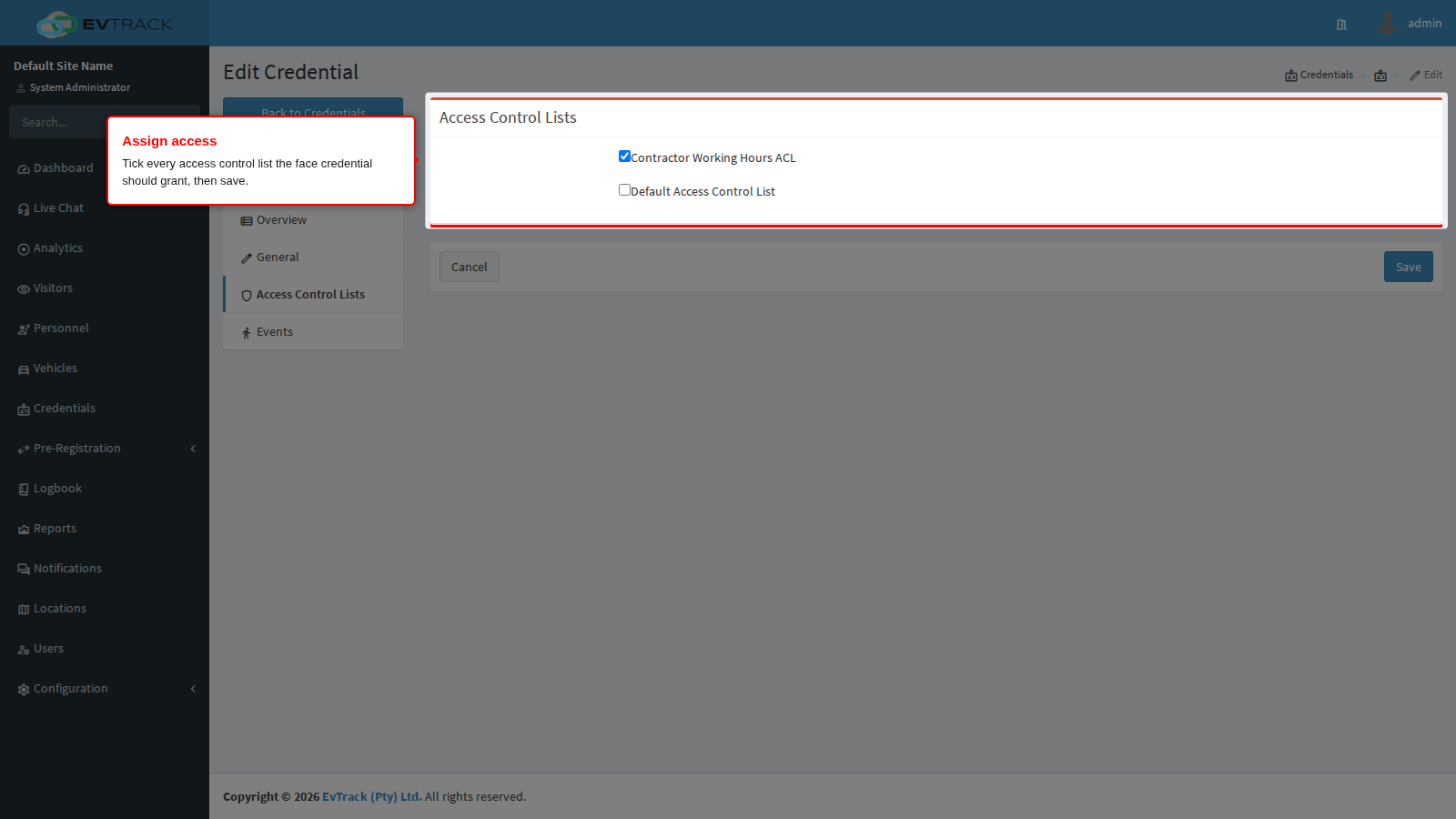Assigning access control lists on the ACL tab