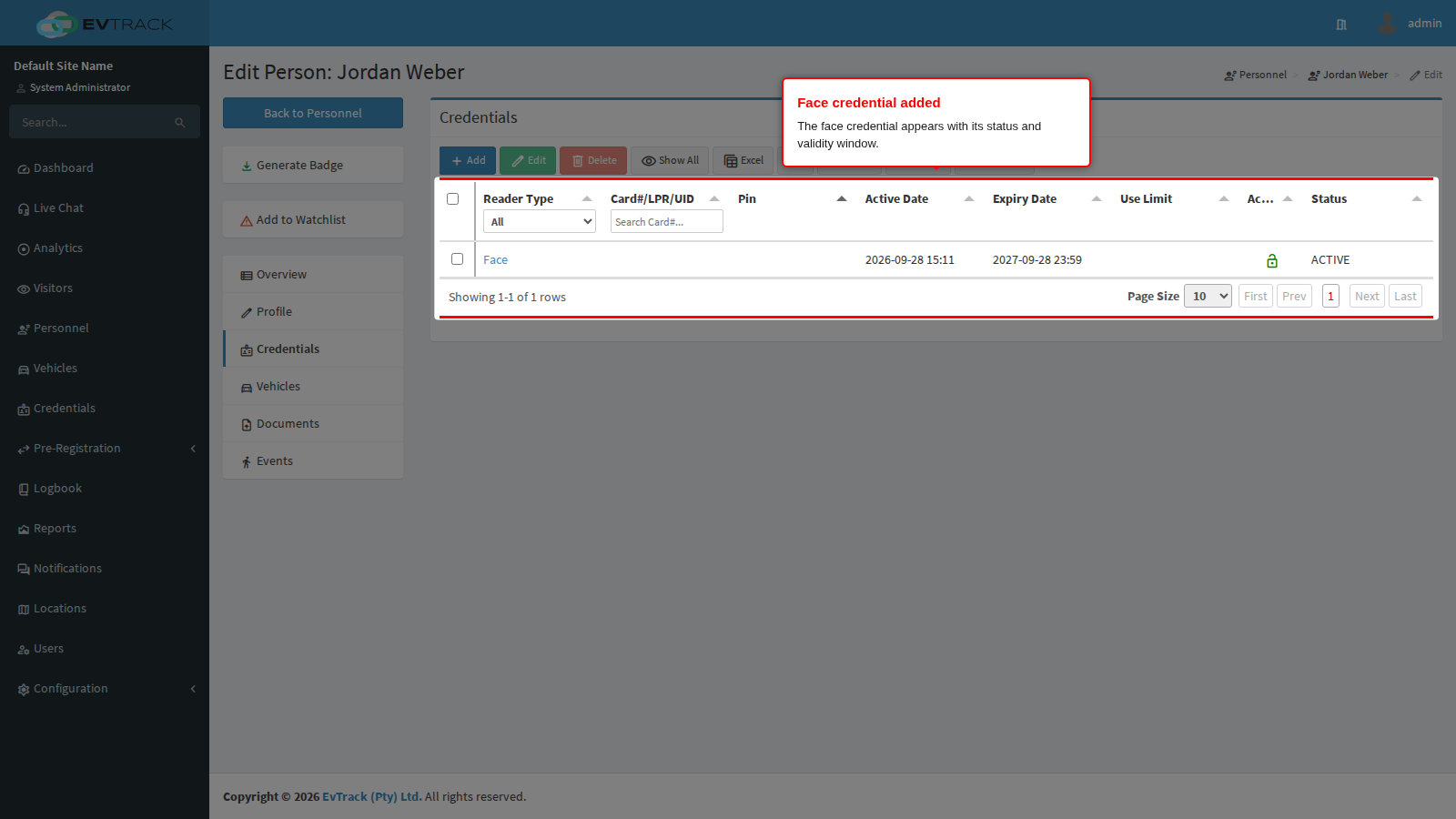 Credentials tab with the face credential