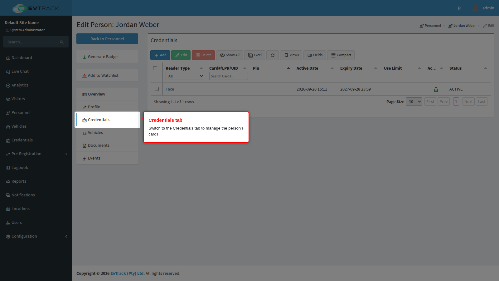 The Credentials tab