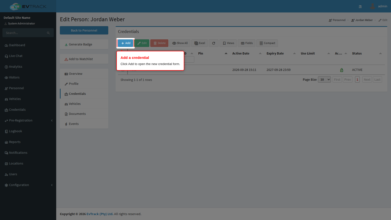 Add button in the credentials toolbar