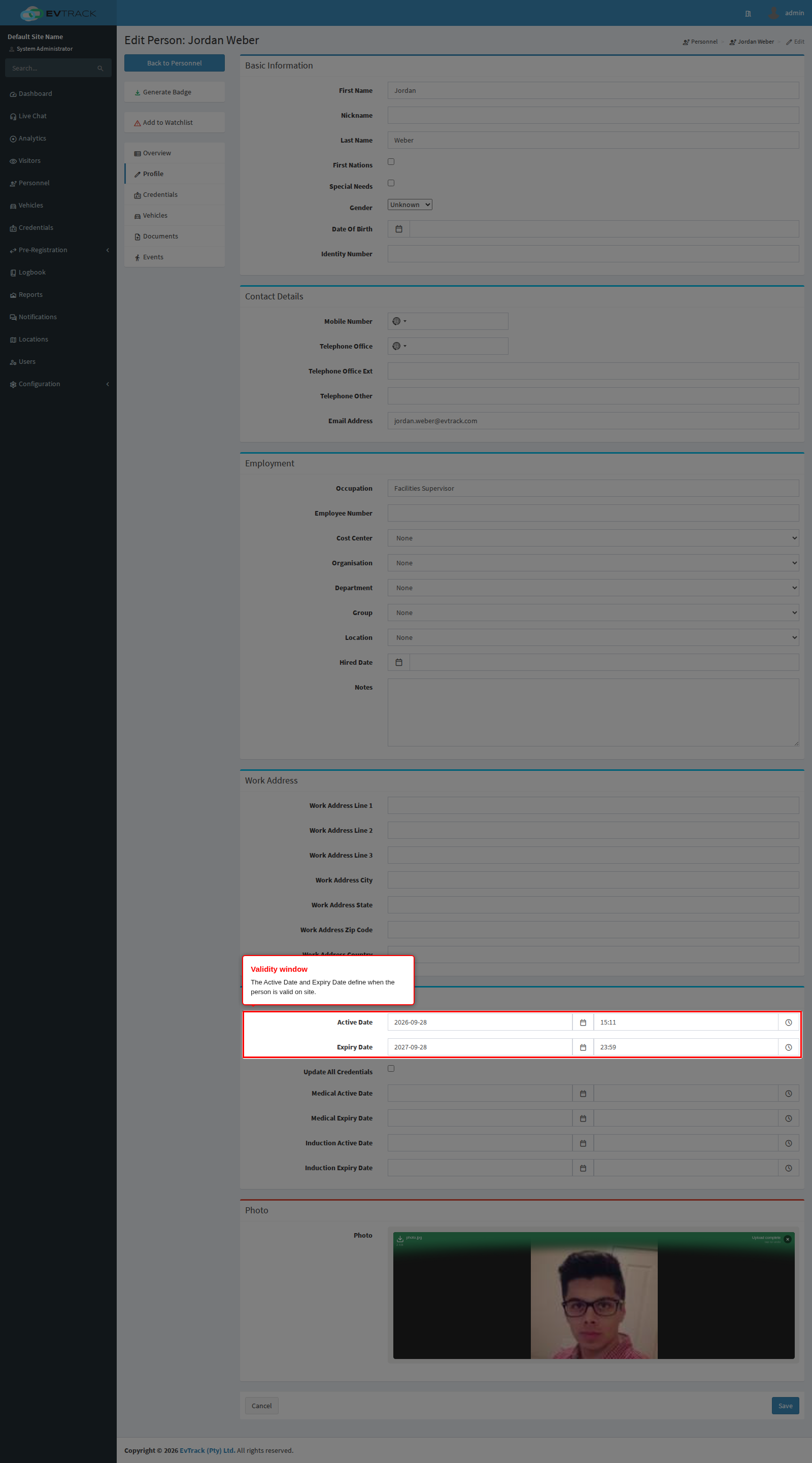 Validity Dates panel