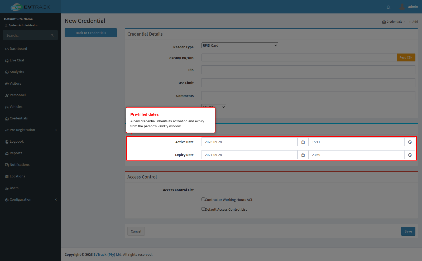 New credential pre-filled from the person's validity