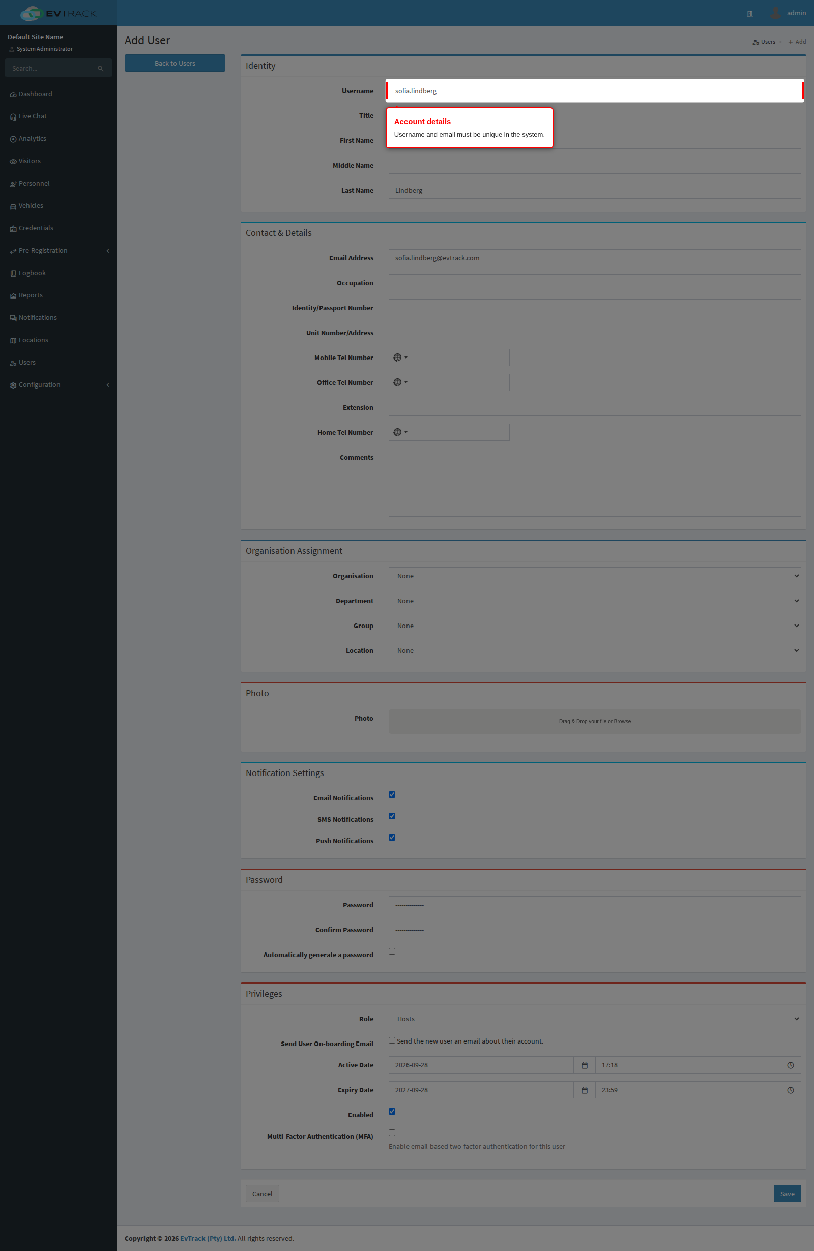 The new-user form completed
