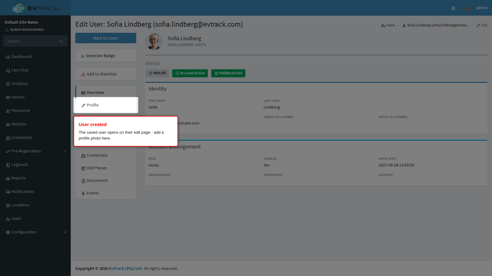 The created user's edit page
