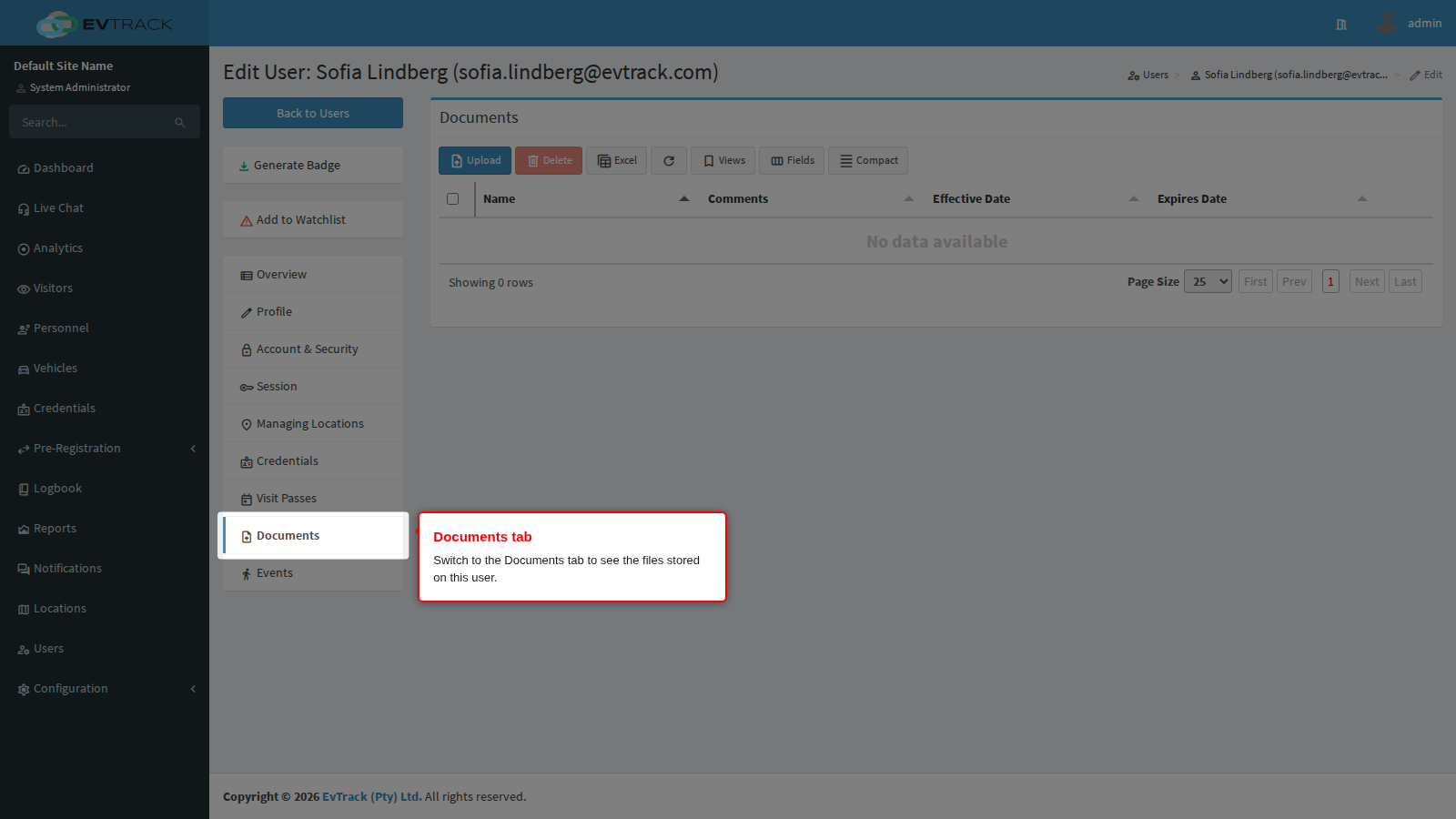 The Documents tab on a user