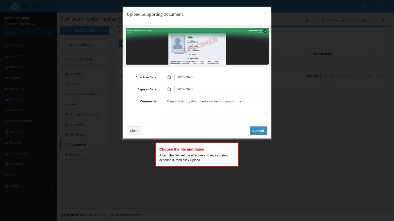 The upload dialog