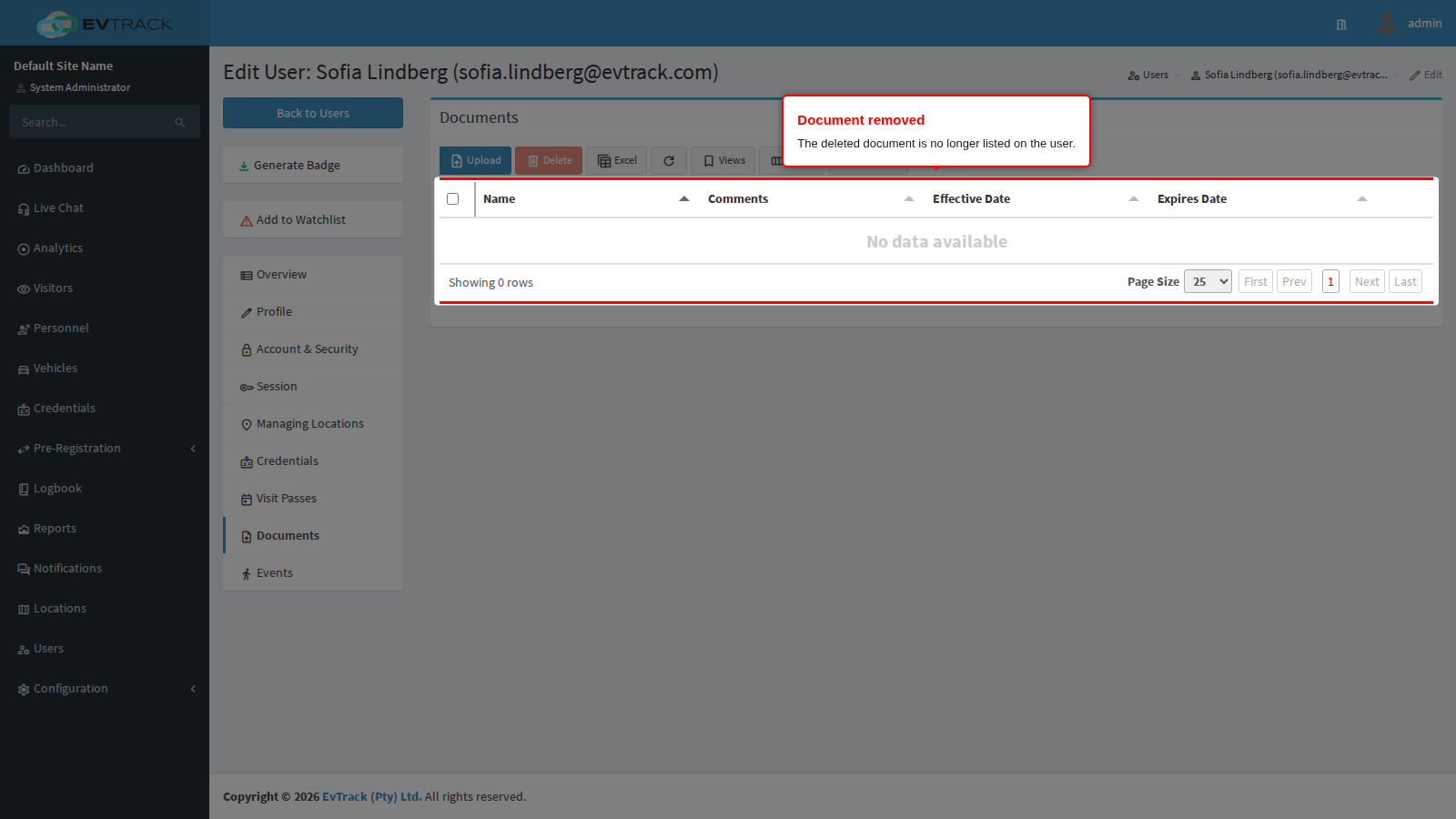 The Documents tab after the deletion