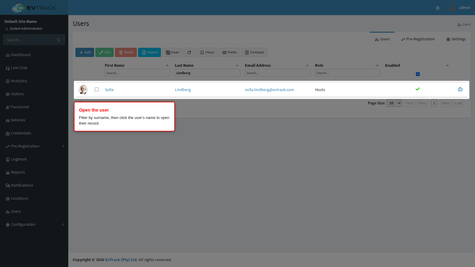Filtering the list and opening the user