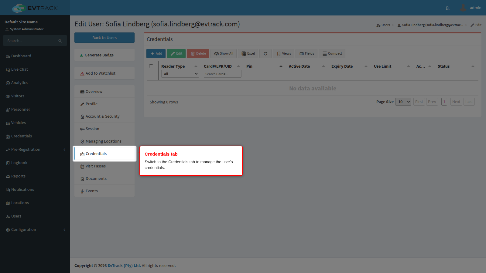 The Credentials tab