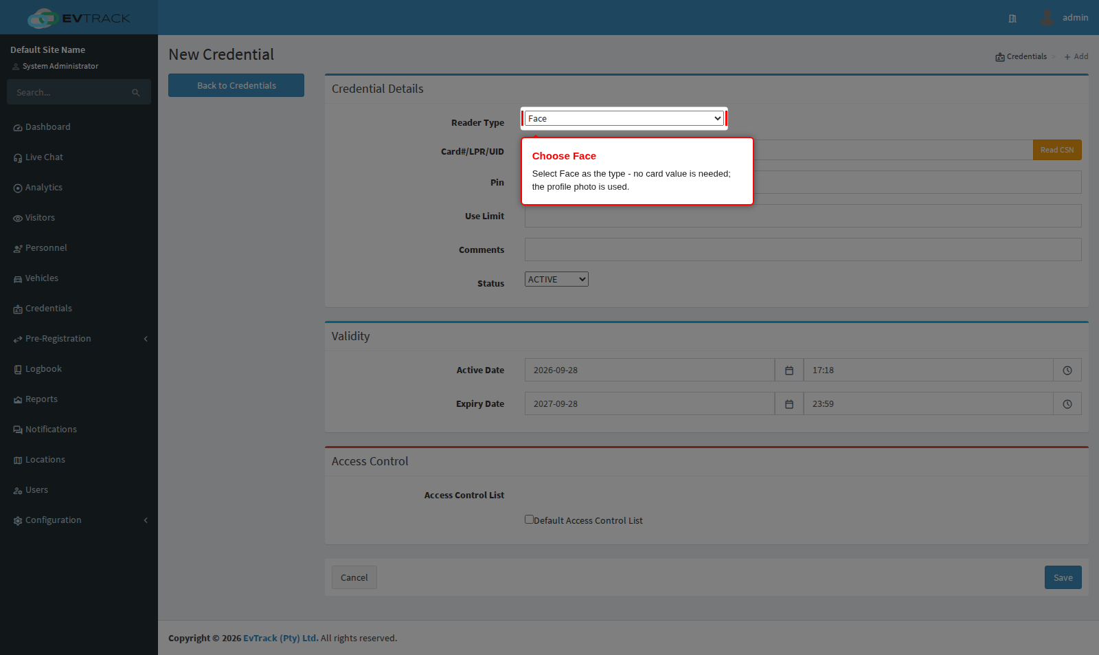 Face credential add form
