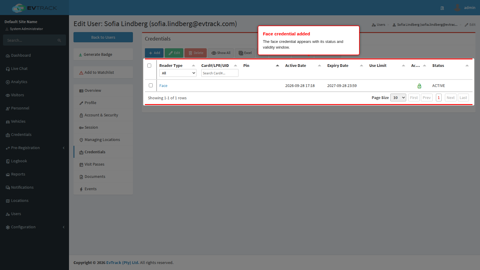 Credentials tab with the face credential