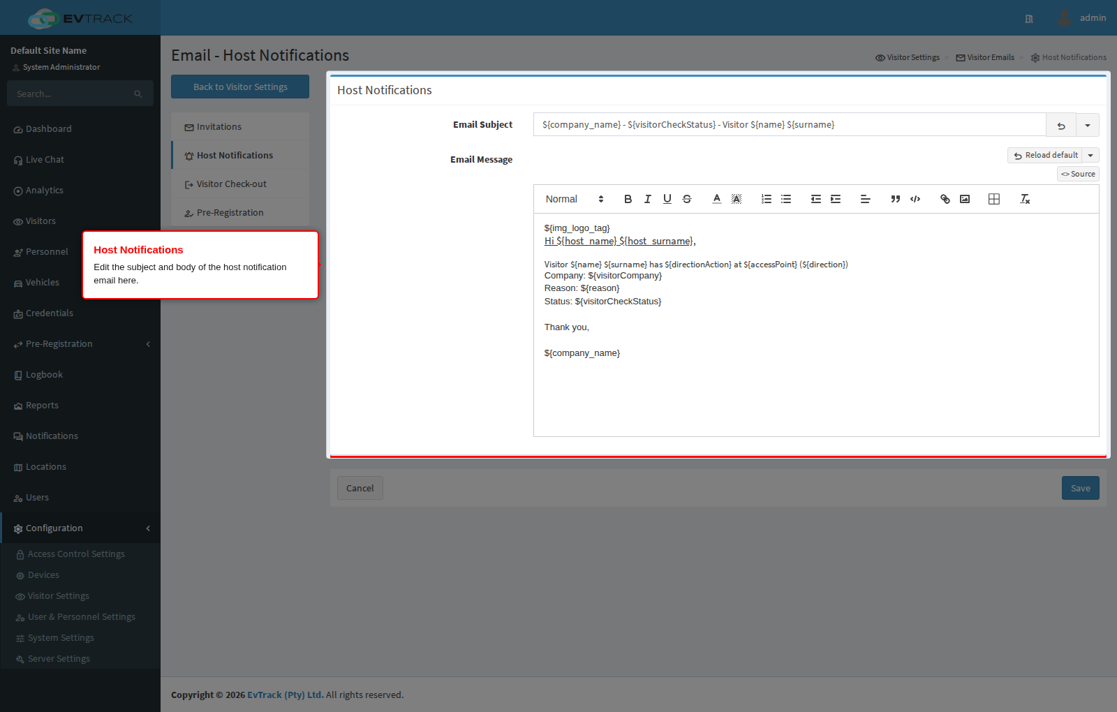 Host notification settings