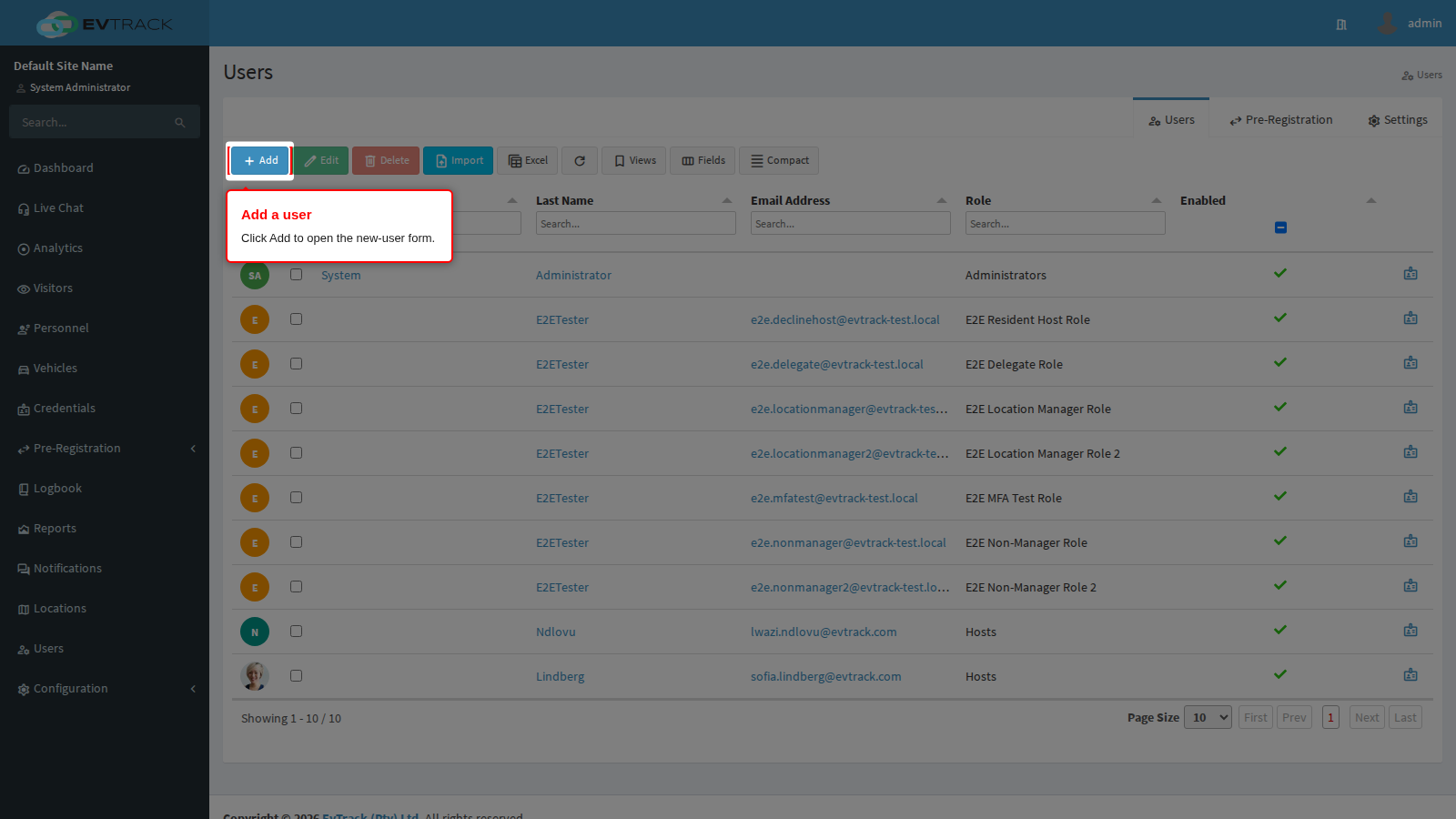 Add button in the Users toolbar
