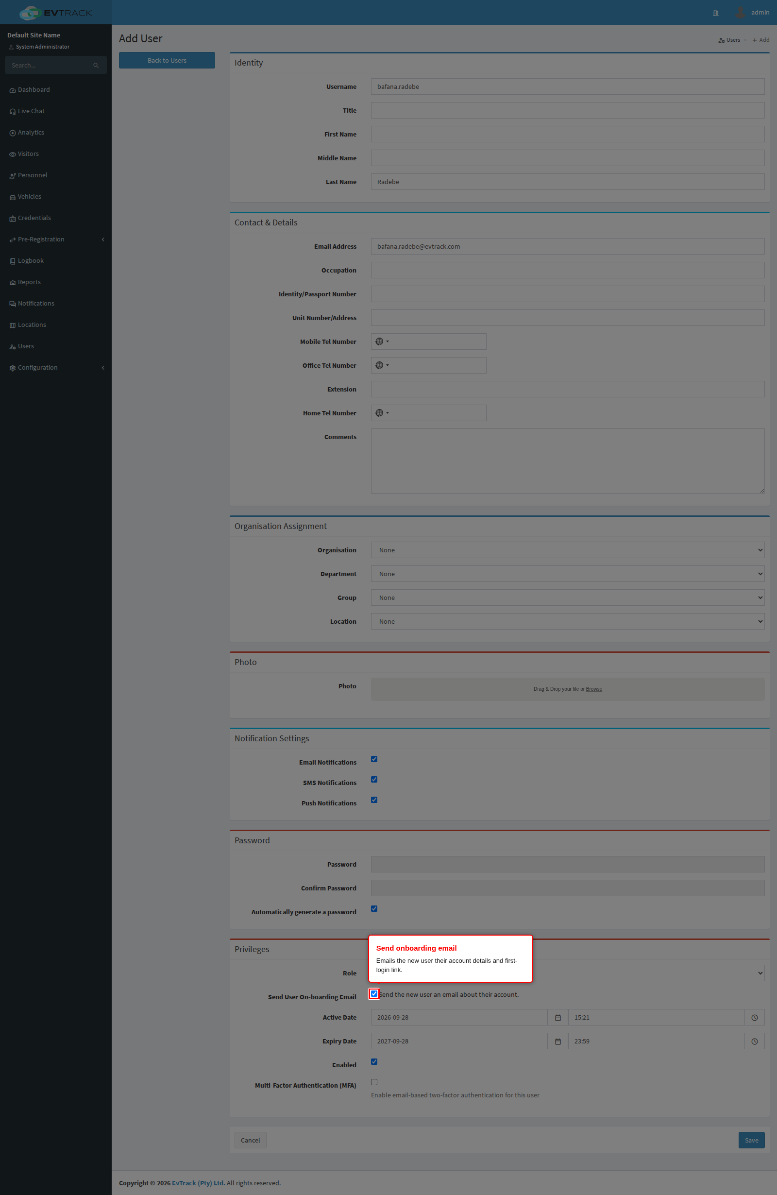User add form with the onboarding toggle